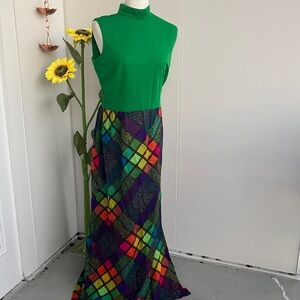 Vintage 60s 70s Kelly Green and Rainbow Checkered Plaid Colorful Maxi Dress